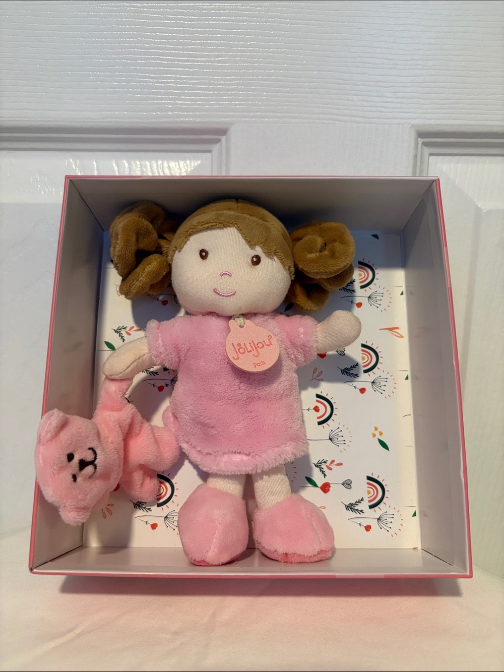 Jolijou Pink Plush Girl Doll with Pink Bear Rattle